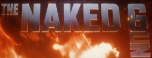 A red firey background with metallic like text reading "The Naked Gun" the "UN" of gun is appears under the G at 90 degrees as the joke is they didn't leave enough space for it on the screen.